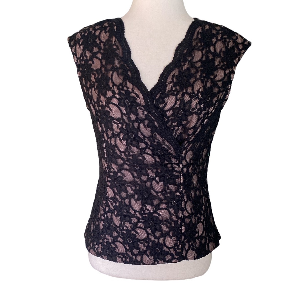 Isadora Collection Black Floral Scalloped Lace Faux Wrap Top - 4